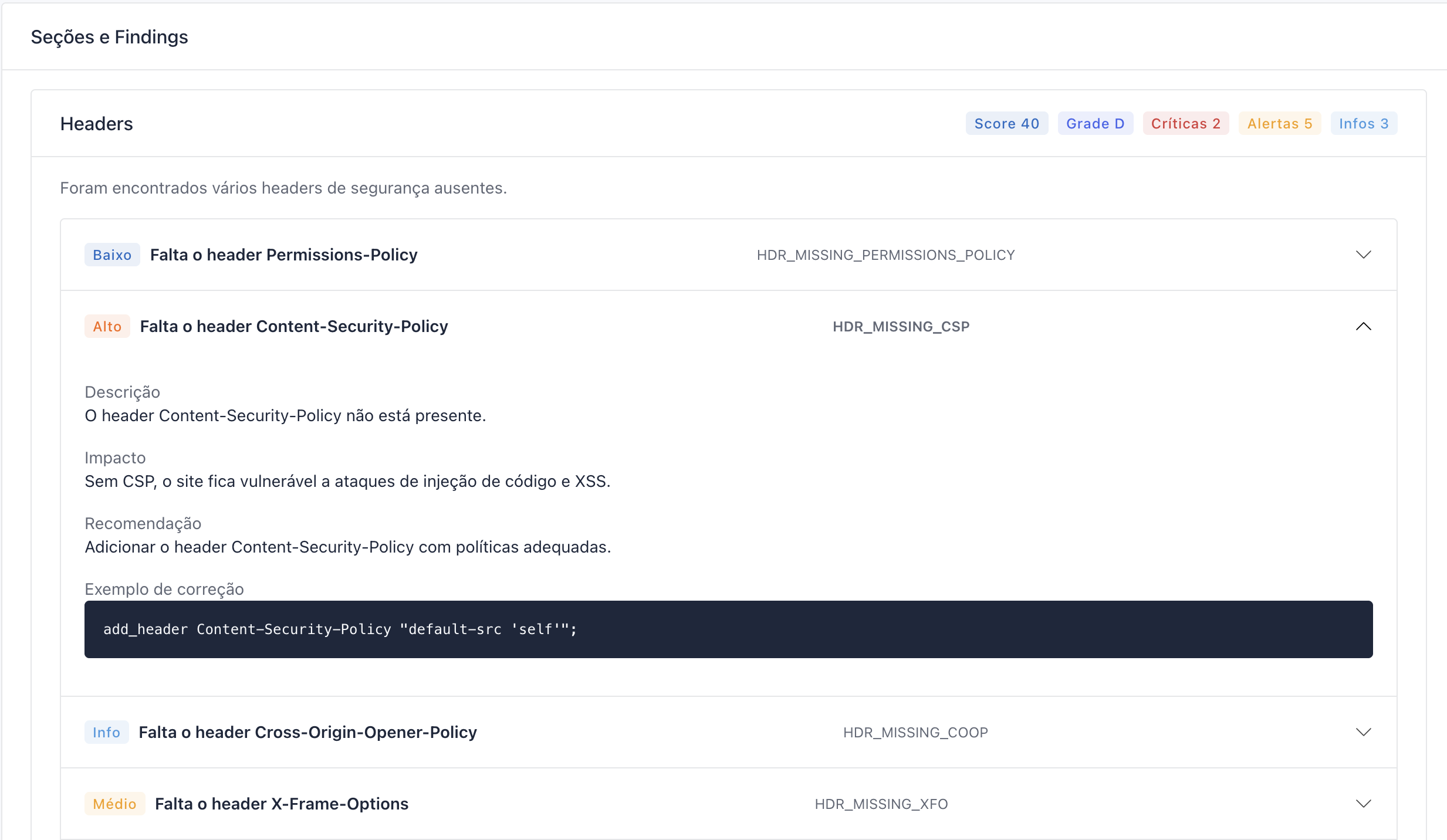 Trecho demonstrativo de um relatório Blueicon com achados e recomendações